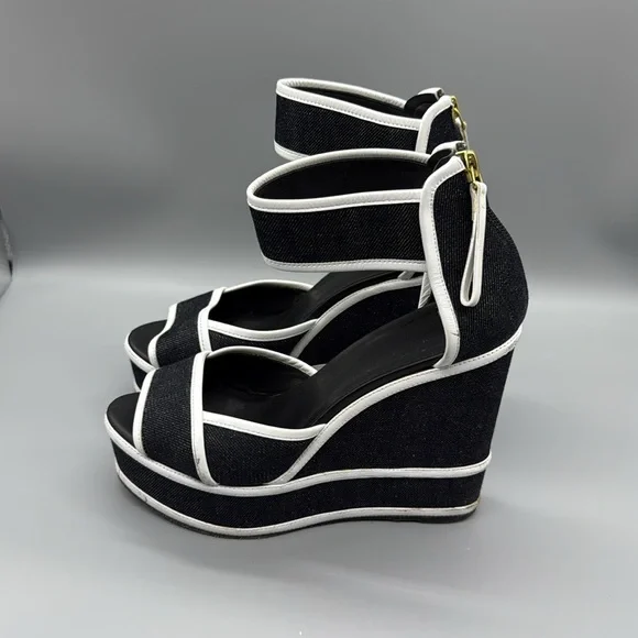 PIERRE HARDY Leather-trimmed Denim Wedge Sandals - Picture 7 of 14